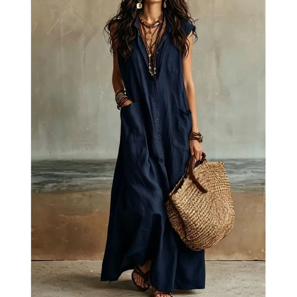 Ophelia Bohemian V Neck Casual Linen Maxi Dress