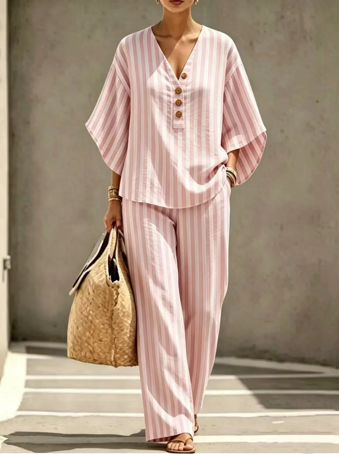 Clarissa Striped Short Sleeve Button Front Pants Set