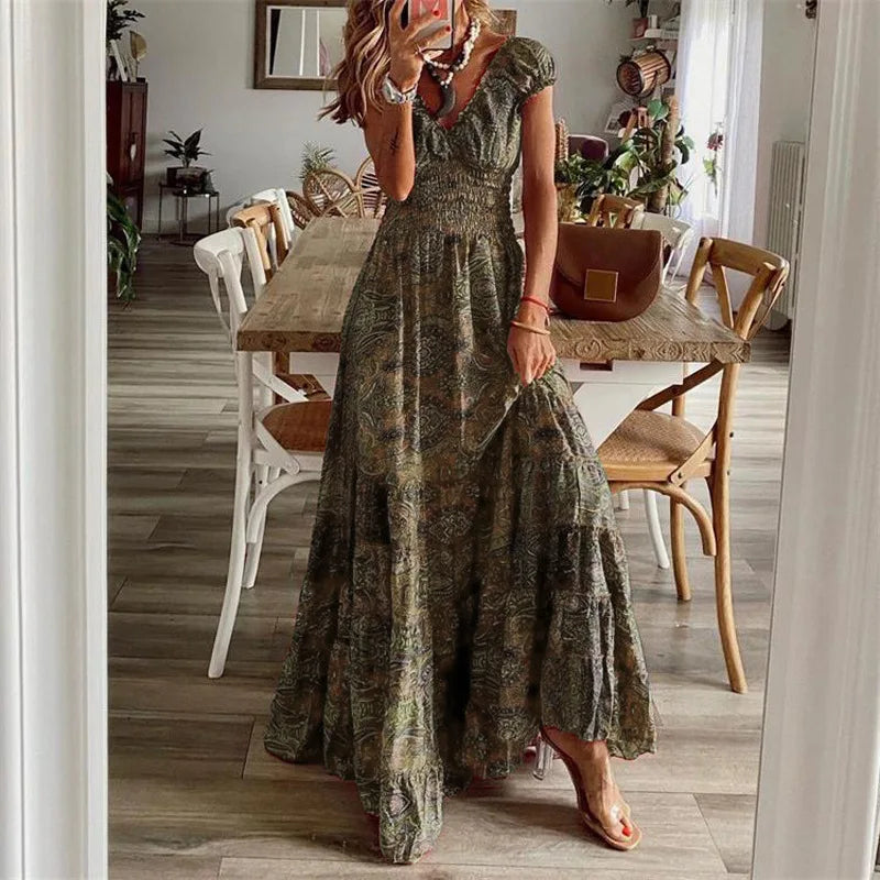 Ekara Bohemian Printed Petal Sleeve Maxi Dress