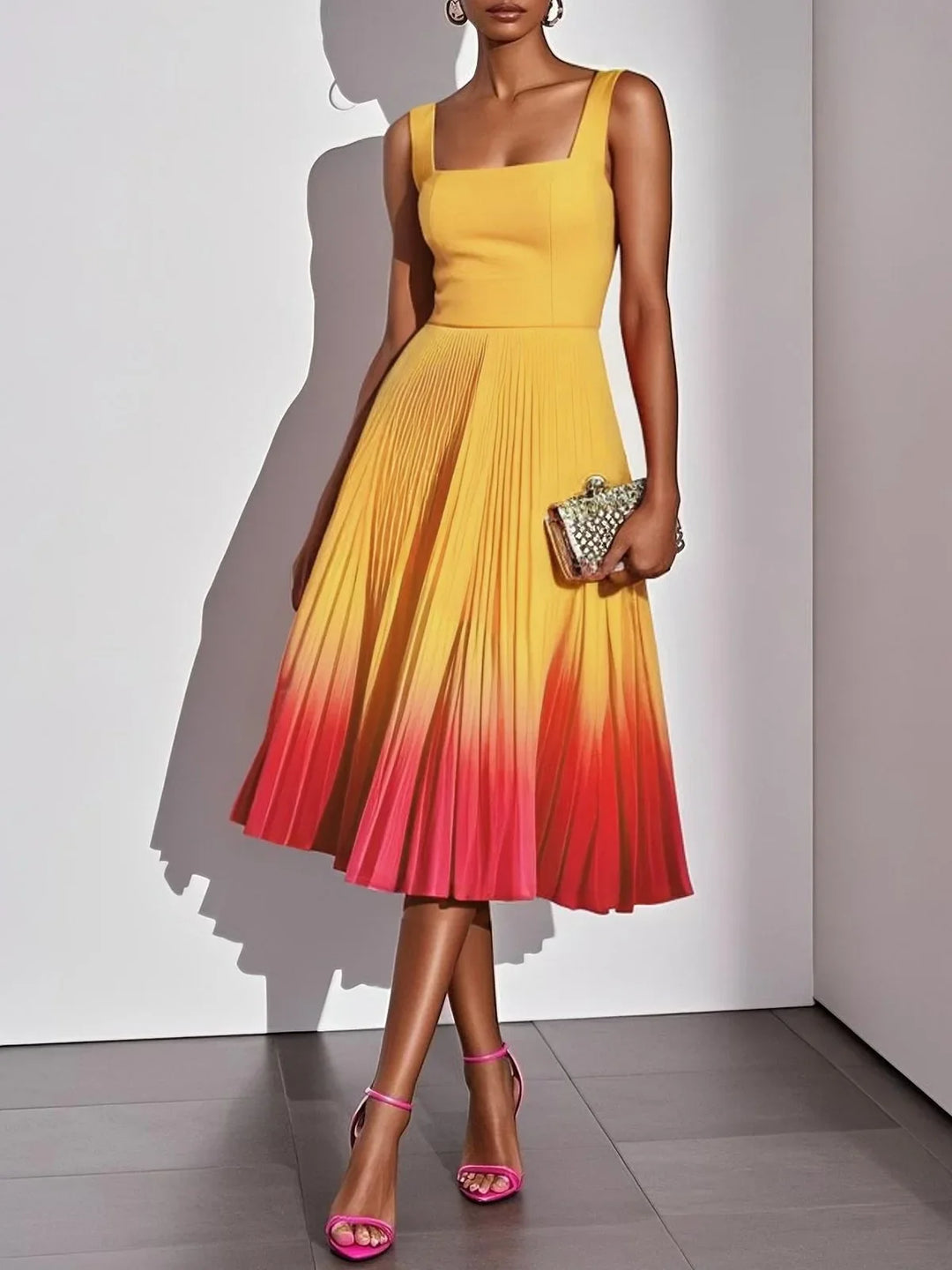 Azelie Pleated Ombre Party Midi Dress