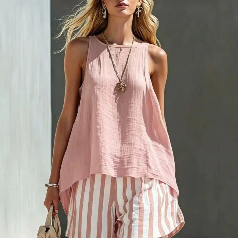 Zaria Sleeveless Tank And Striped Shorts Set