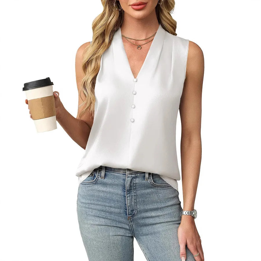 Aralyn Sleeveless Satin V Neck Blouse