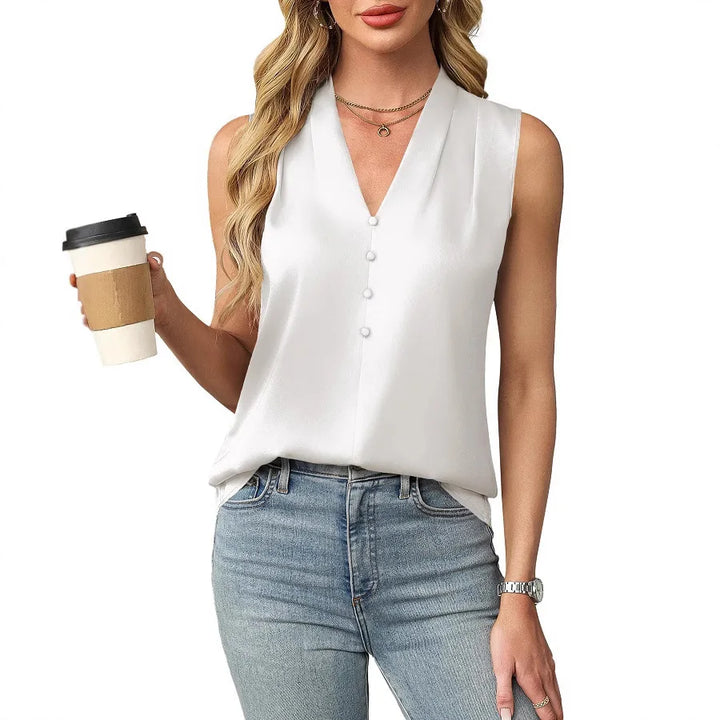 Aralyn Sleeveless Satin V Neck Blouse