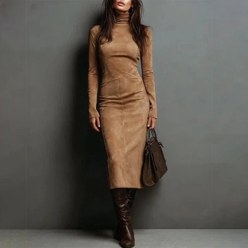 Sandra Suede Turtleneck Midi Dress