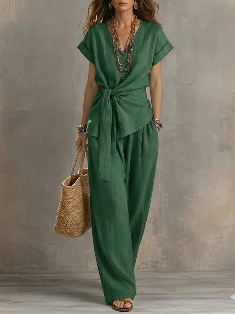 Melina Relaxed Tie Waist V Neck Lounge Set
