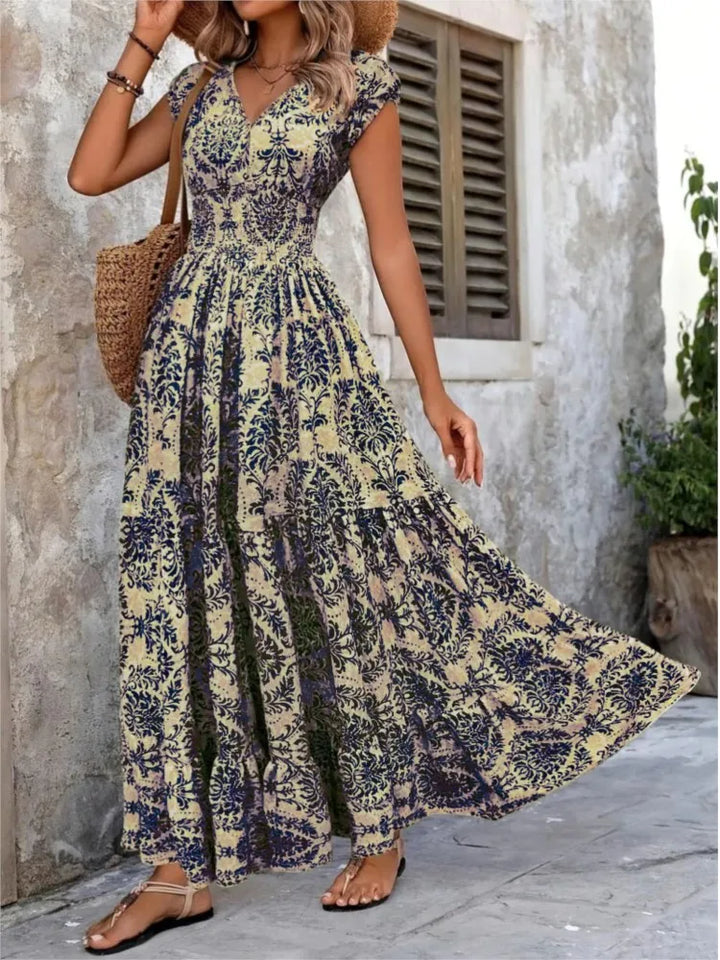 Oilana Elegant V Neck Bohemian Maxi Dress