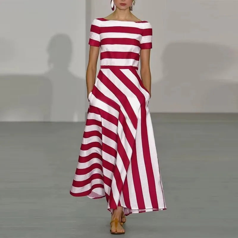 Alinae Striped Boat Neck Maxi Dress