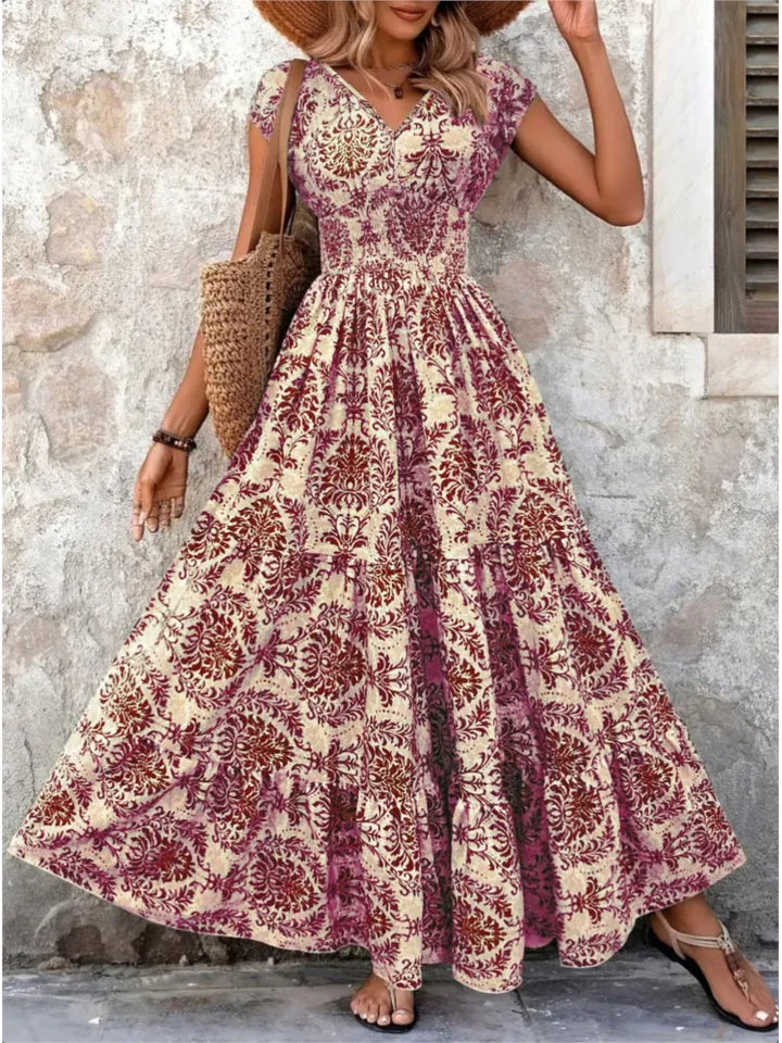 Oilana Elegant V Neck Bohemian Maxi Dress