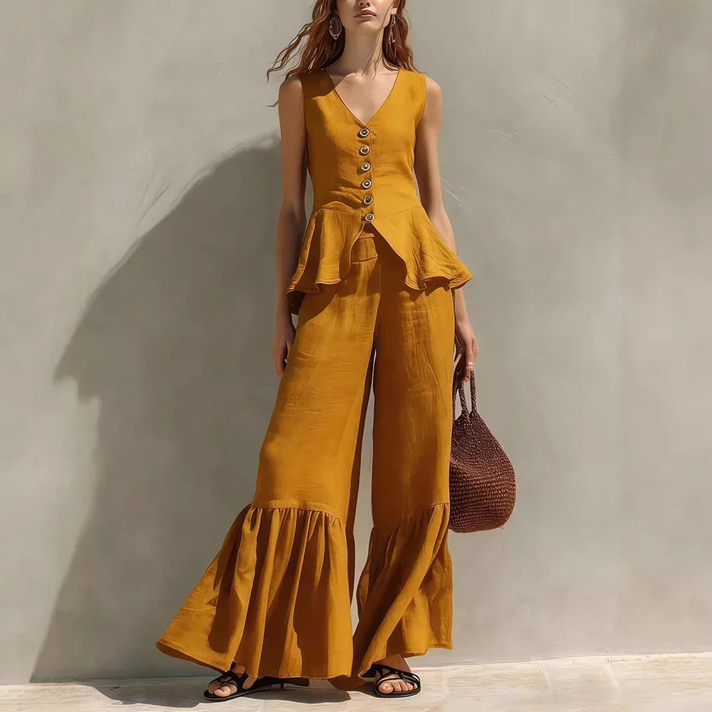Nora Ruffle Trim Wide Leg Pants Set