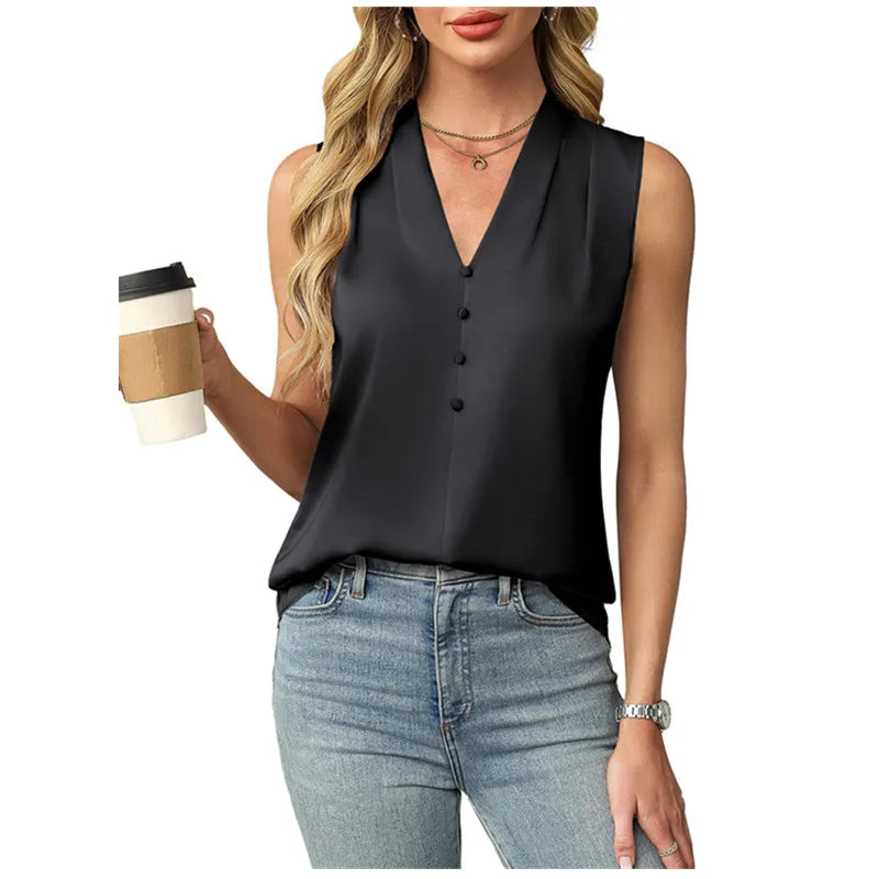 Aralyn Sleeveless Satin V Neck Blouse