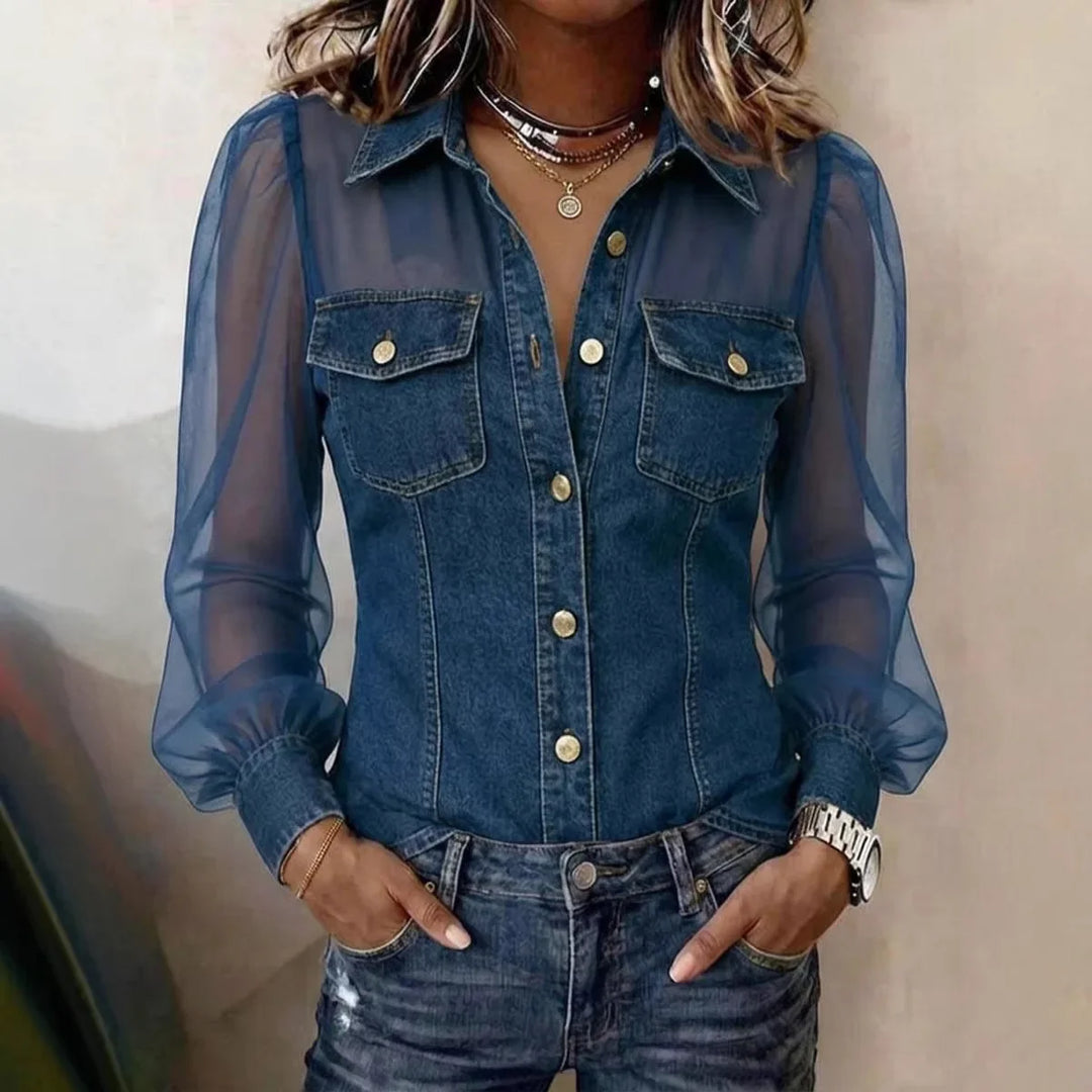 Blaire Sheer Sleeve Denim Blouse