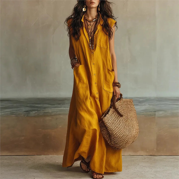 Ophelia Bohemian V Neck Casual Linen Maxi Dress