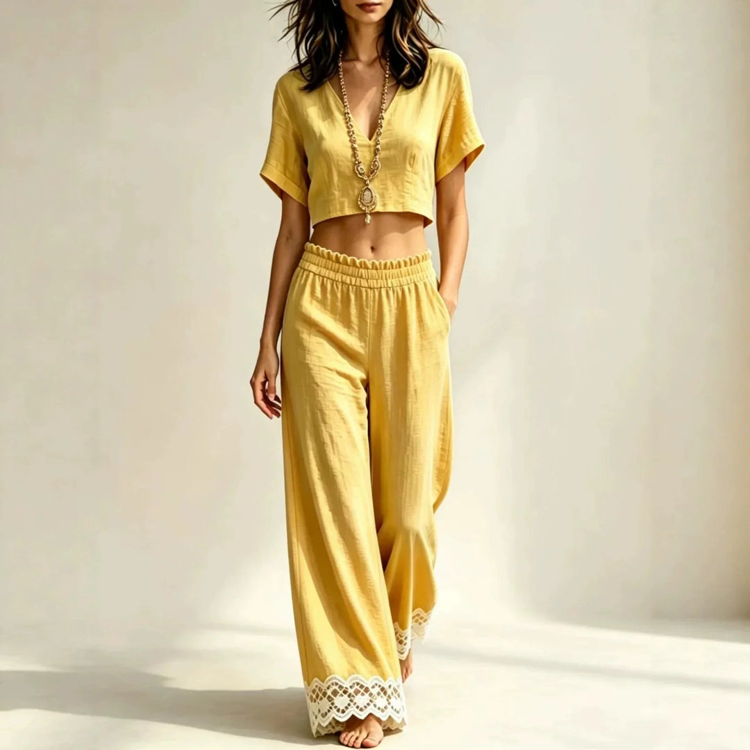 Bexley Cropped Top Lace Detail Pants Set