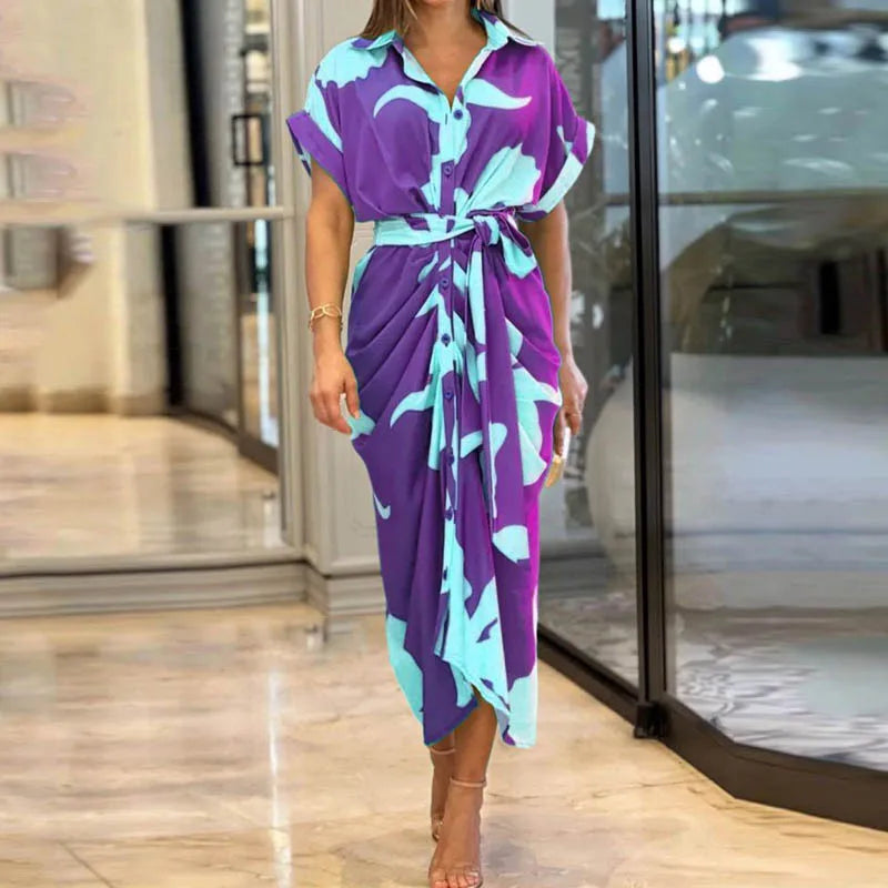 Quenby Printed Tie Waist Shirt Midi Dress