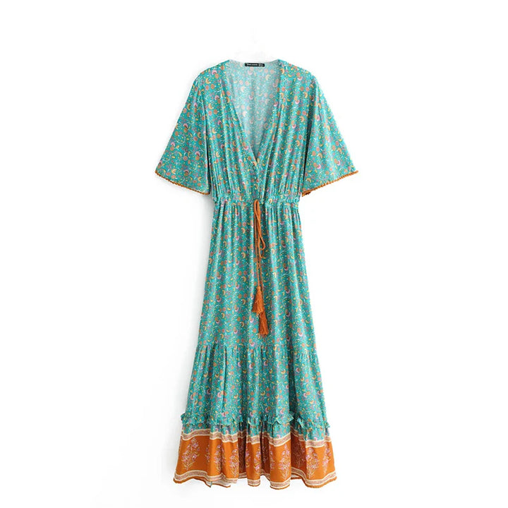 Henna Drawstring Bohemian Maxi Dress