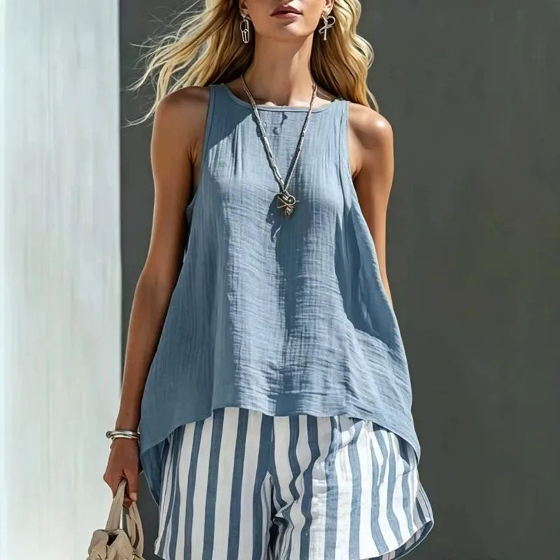 Zaria Sleeveless Tank And Striped Shorts Set