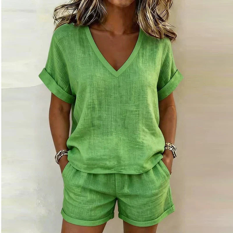 Jocelyn Casual Linen V Neck Shorts Set