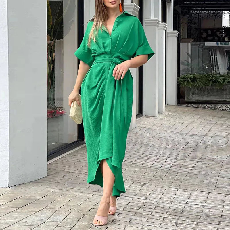 Quenby Printed Tie Waist Shirt Midi Dress