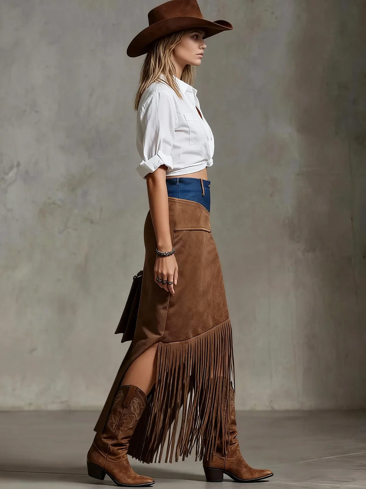 Savrani Suede Fringe Maxi Skirt