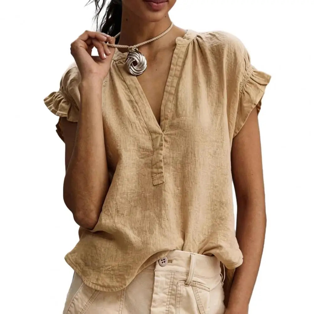 Ruelle Relaxed V Neck Ruffled Blouse