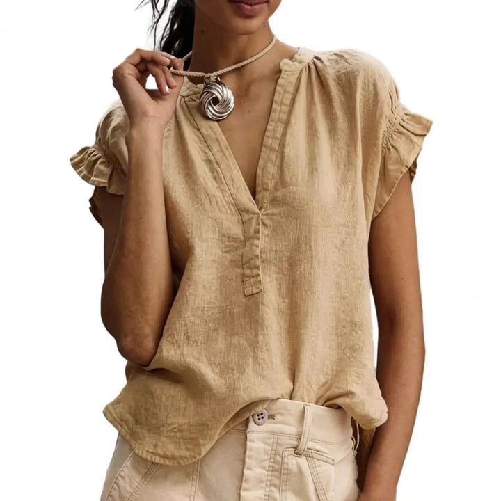 Ruelle Relaxed V Neck Ruffled Blouse