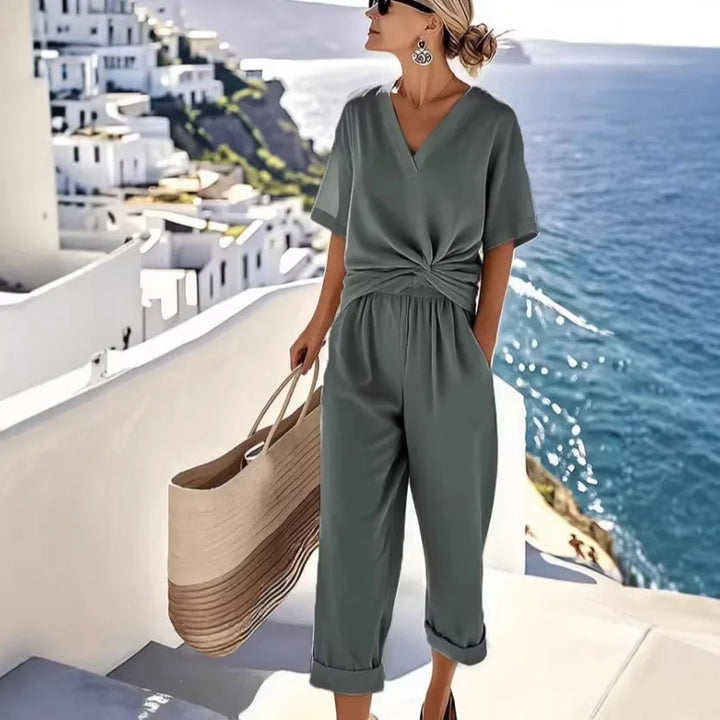 Safira Casual Tie Waist Short Sleeve Pants Set