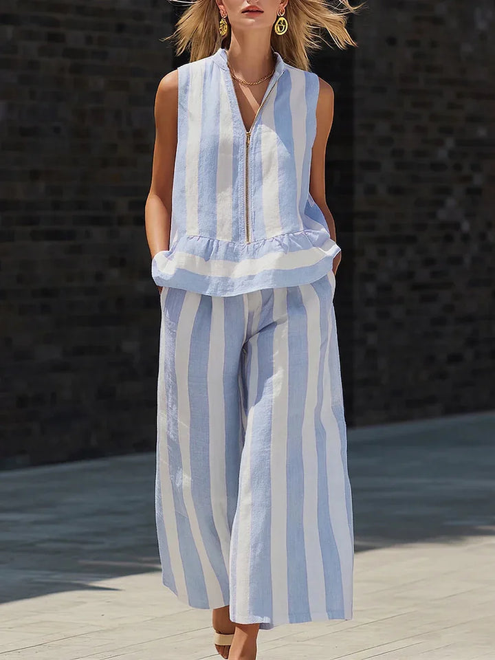 Anila Striped Zip Front Sleeveless Pants Set