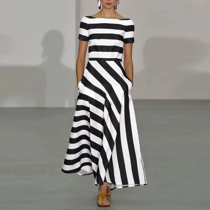 Alinae Striped Boat Neck Maxi Dress