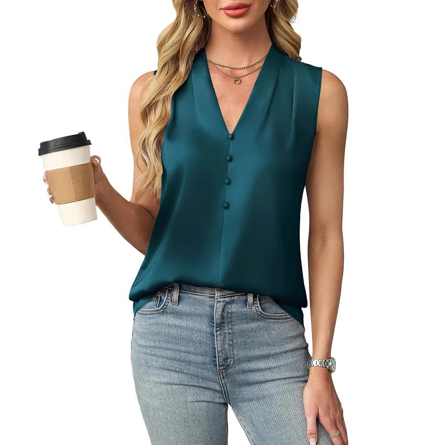 Aralyn Sleeveless Satin V Neck Blouse