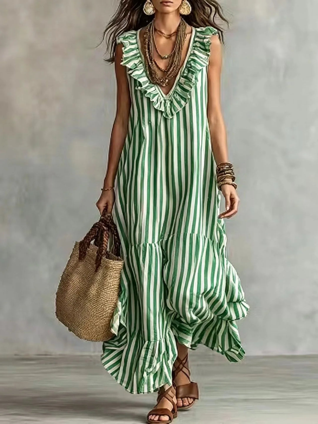 Opaline Ruffle Striped Maxi Dress