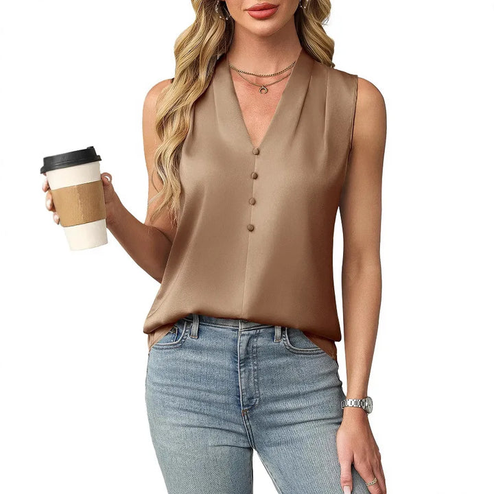 Aralyn Sleeveless Satin V Neck Blouse