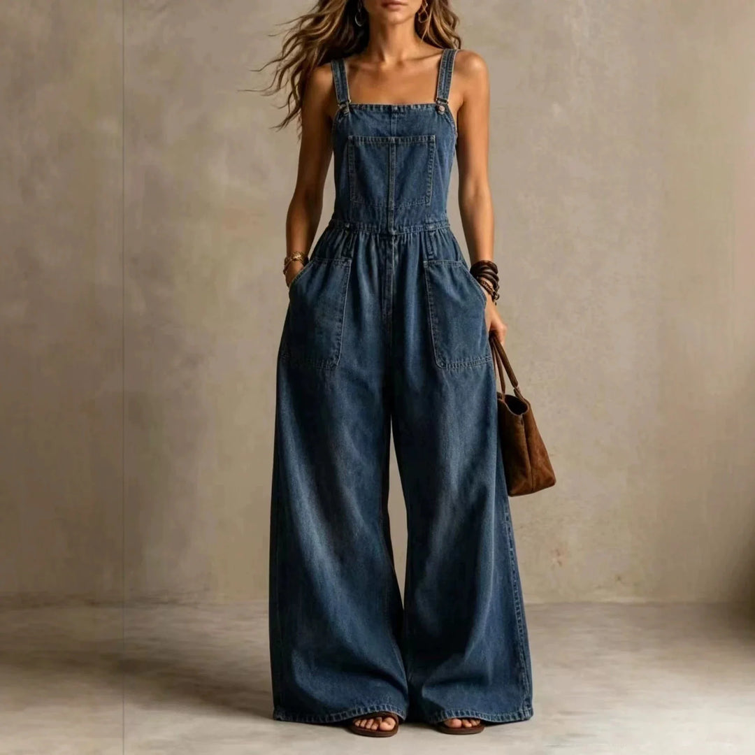 Faye Wide Leg Denim Overall Jumpsuit