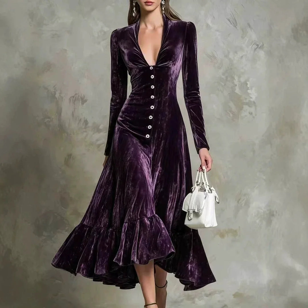 Vienne Button Front Velvet Dress