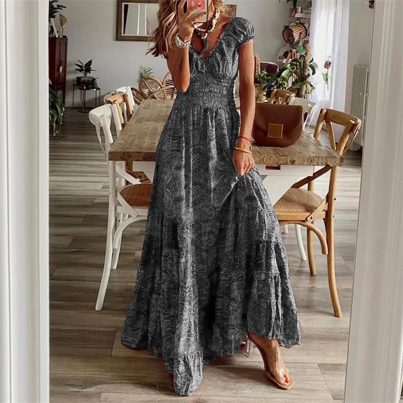 Ekara Bohemian Printed Petal Sleeve Maxi Dress