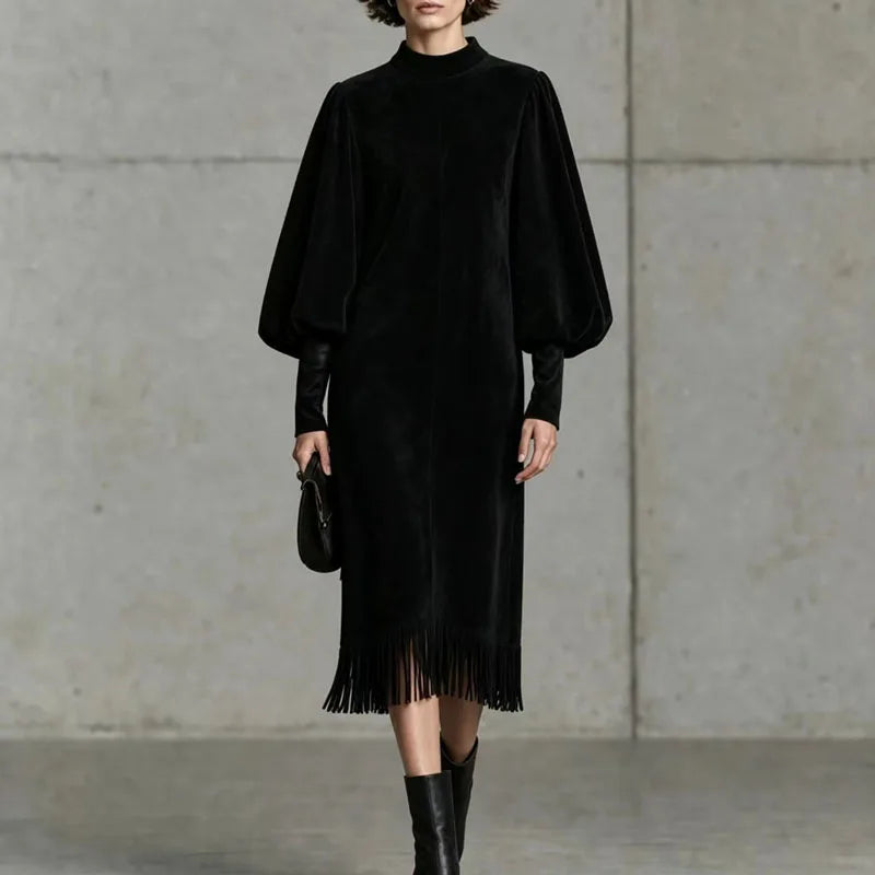 Halcyon Lantern Sleeve Fringe Dress