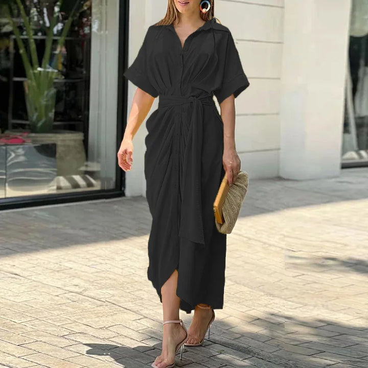 Quenby Printed Tie Waist Shirt Midi Dress