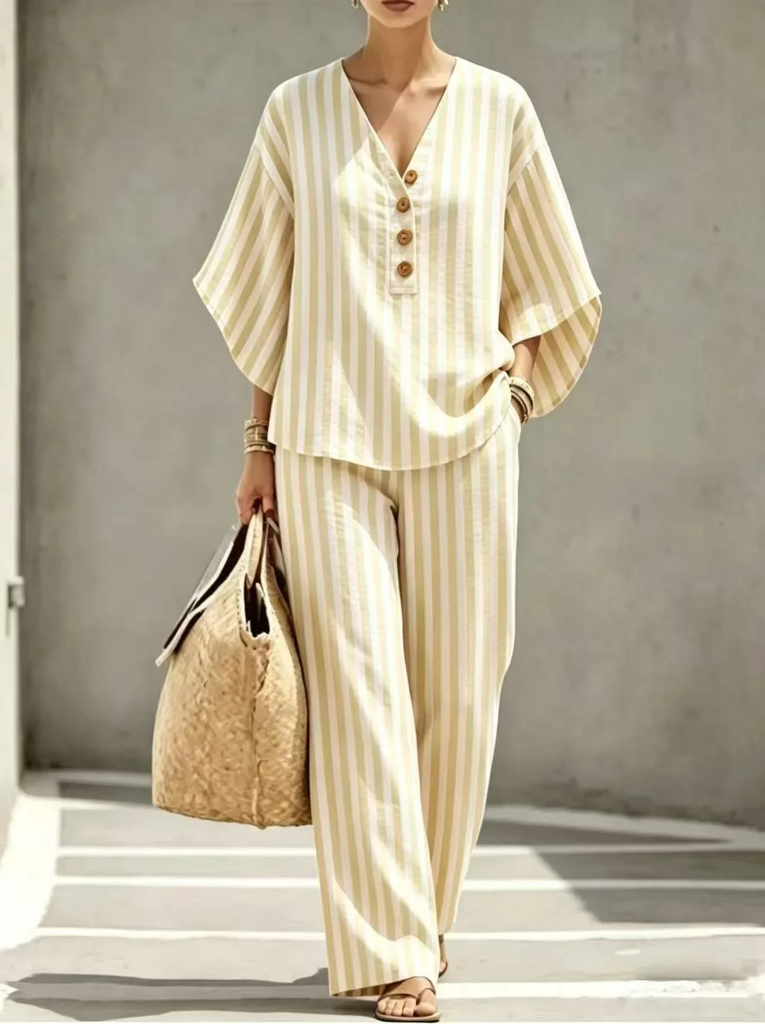 Clarissa Striped Short Sleeve Button Front Pants Set