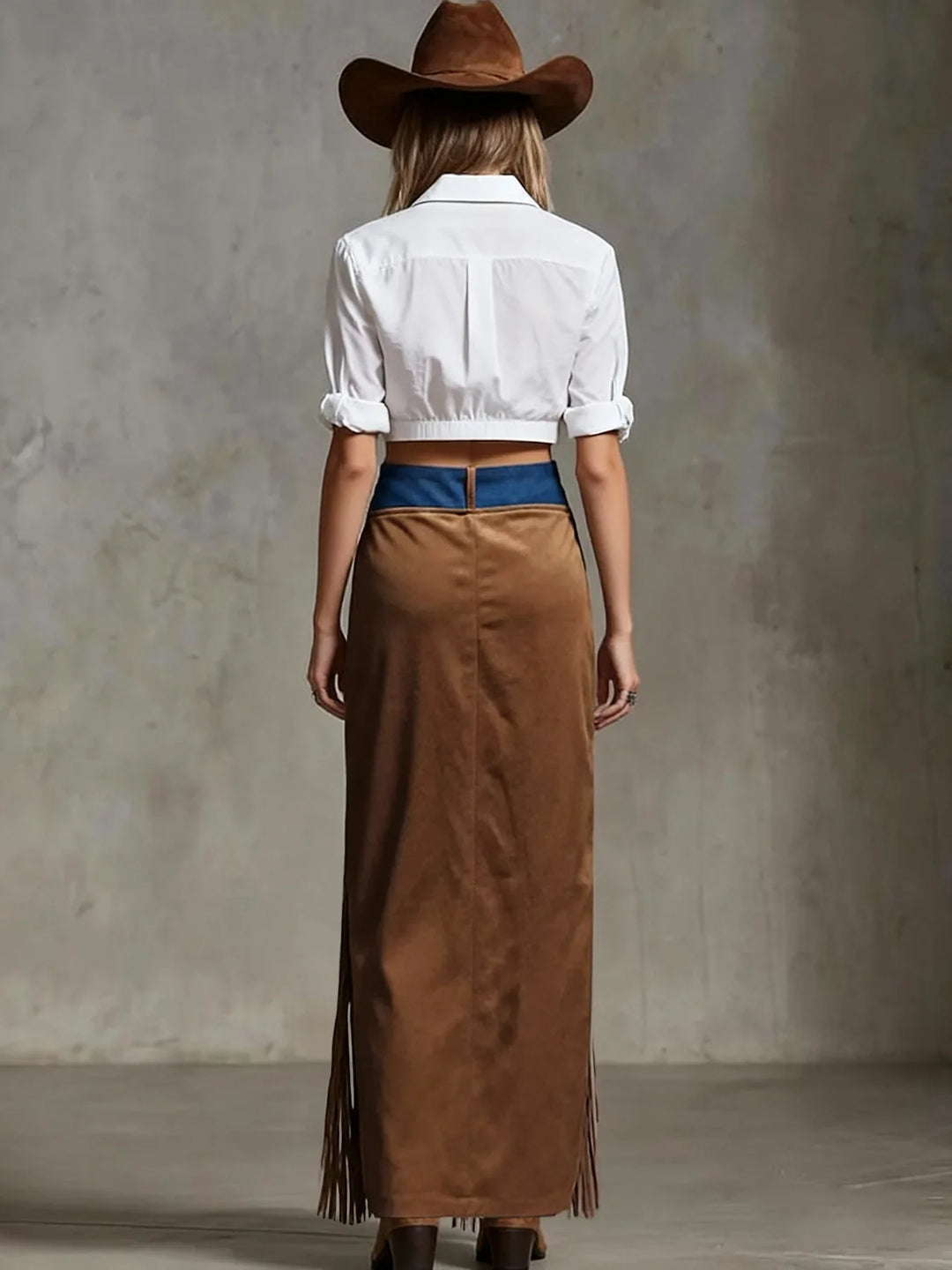 Savrani Suede Fringe Maxi Skirt
