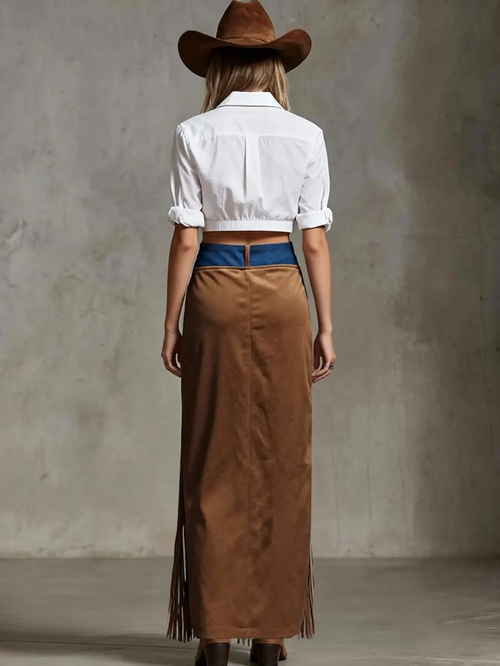 Savrani Suede Fringe Maxi Skirt