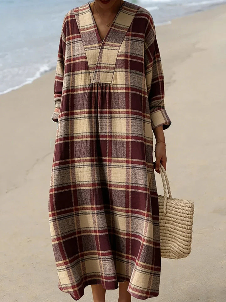 Roman V Neck Plaid Midi Dress