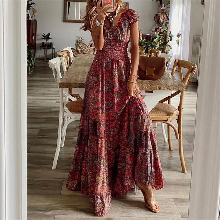 Ekara Bohemian Printed Petal Sleeve Maxi Dress