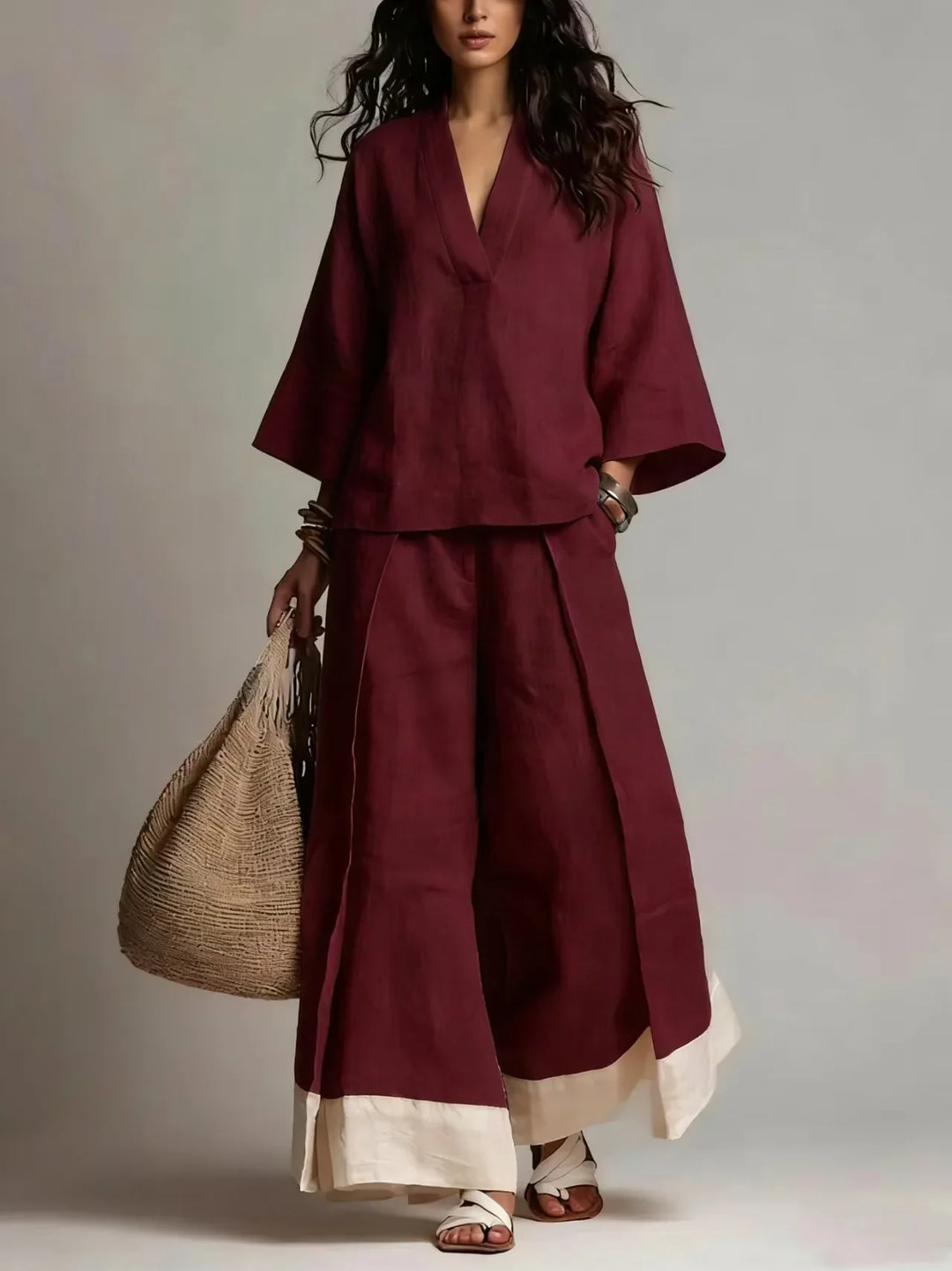 Lorena V Neck Linen Blend Set
