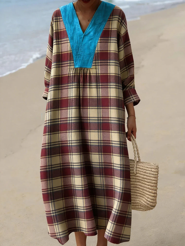 Roman V Neck Plaid Midi Dress