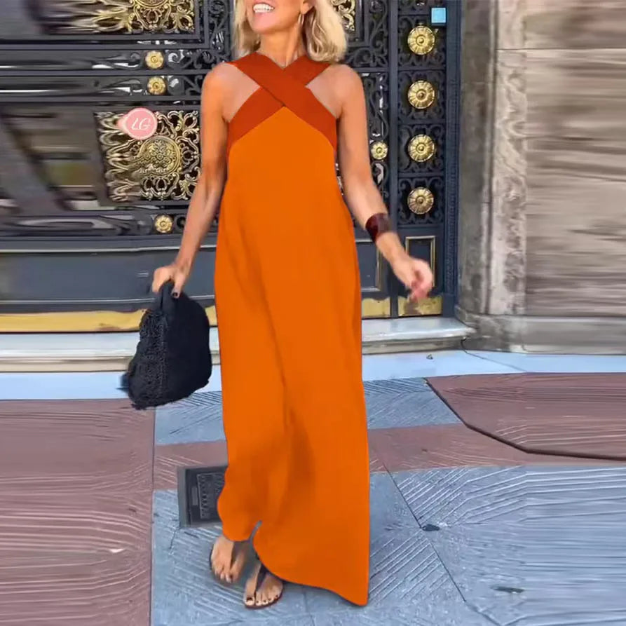 Tanith Contrast Halter Backless Maxi Dress