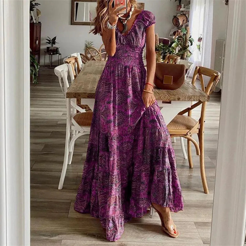 Ekara Bohemian Printed Petal Sleeve Maxi Dress