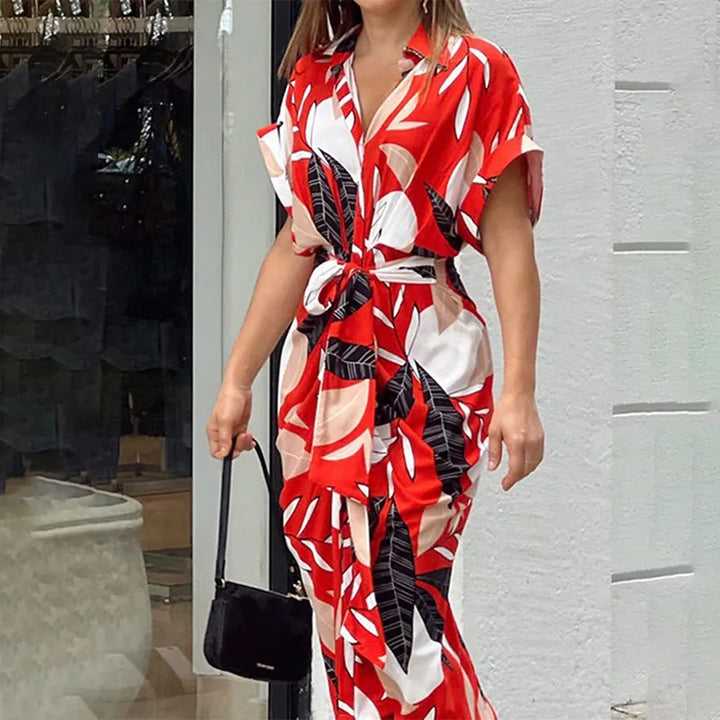 Quenby Printed Tie Waist Shirt Midi Dress
