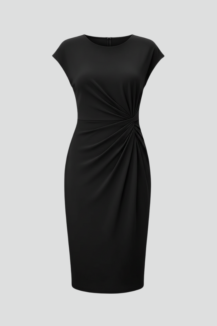Narella  Knee-Length Dress with Round Neck and Ruched Waist