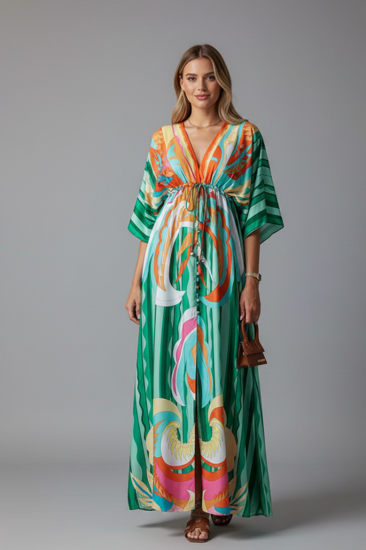 Wrenna Maxi Dress with V Neckline and Tie Waist