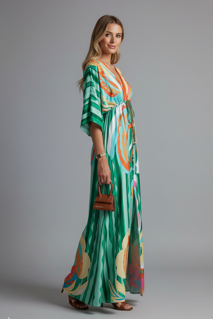 Wrenna Maxi Dress with V Neckline and Tie Waist