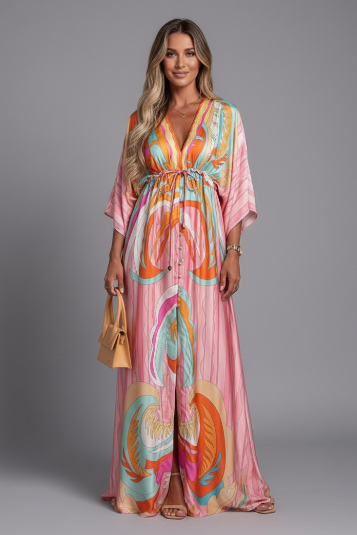 Wrenna Maxi Dress with V Neckline and Tie Waist